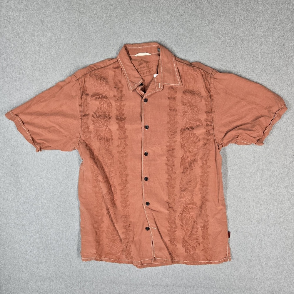 Tommy Bahama Men Button Up Shirt L Rust Cotton Silk Shirt Floral Hawaiian Shirt